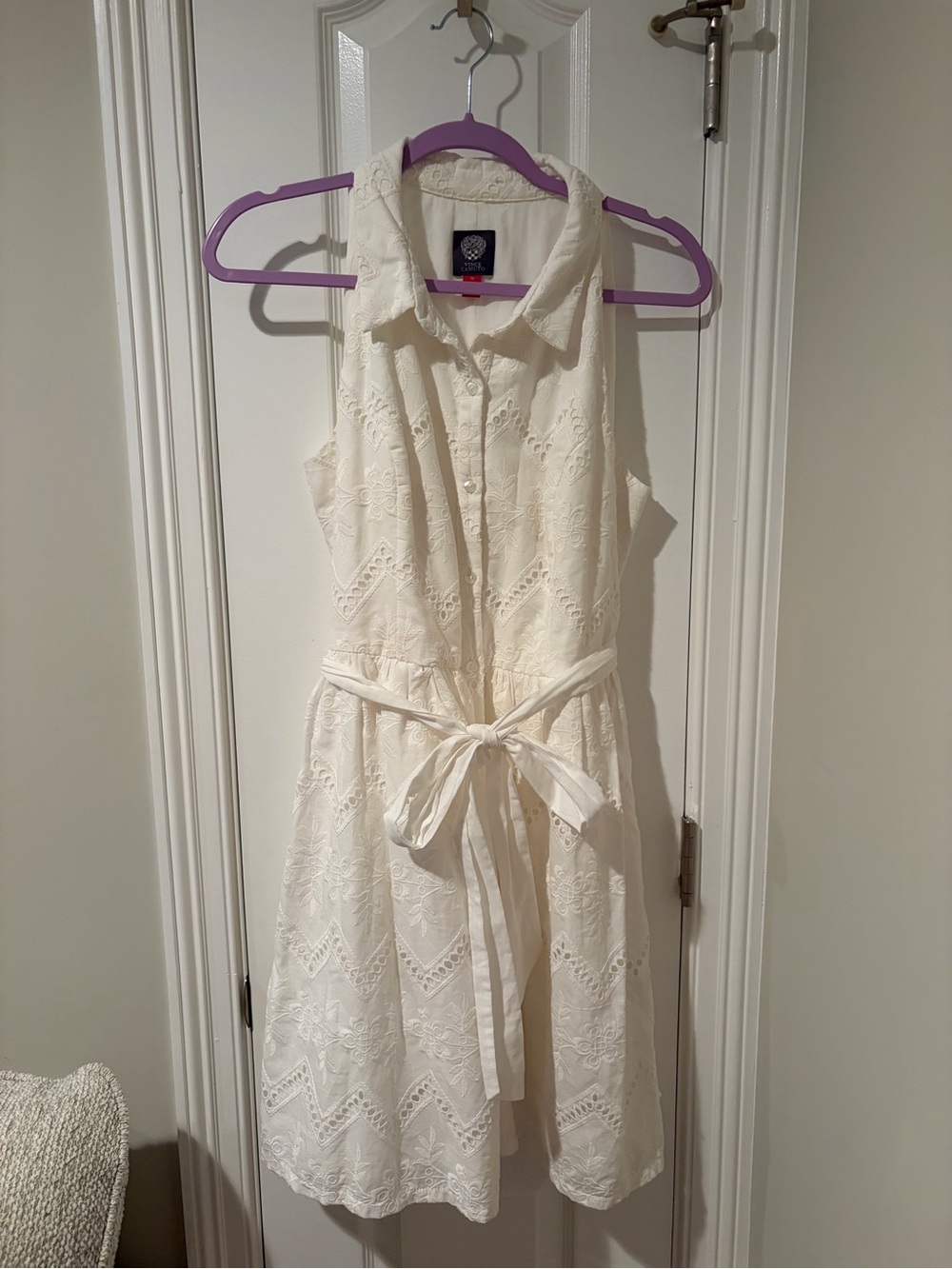 Vince Camuto Cream Sleeveless Eyelet Shirt Dress with Tie Waist